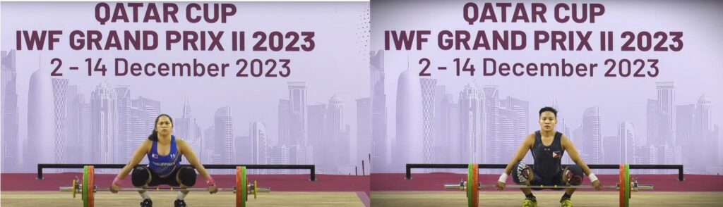 Hidilyn Diaz (left) and Elreen Ando (right) during their respective lifts in the IWF Grand Prix II in Doha Qatar.