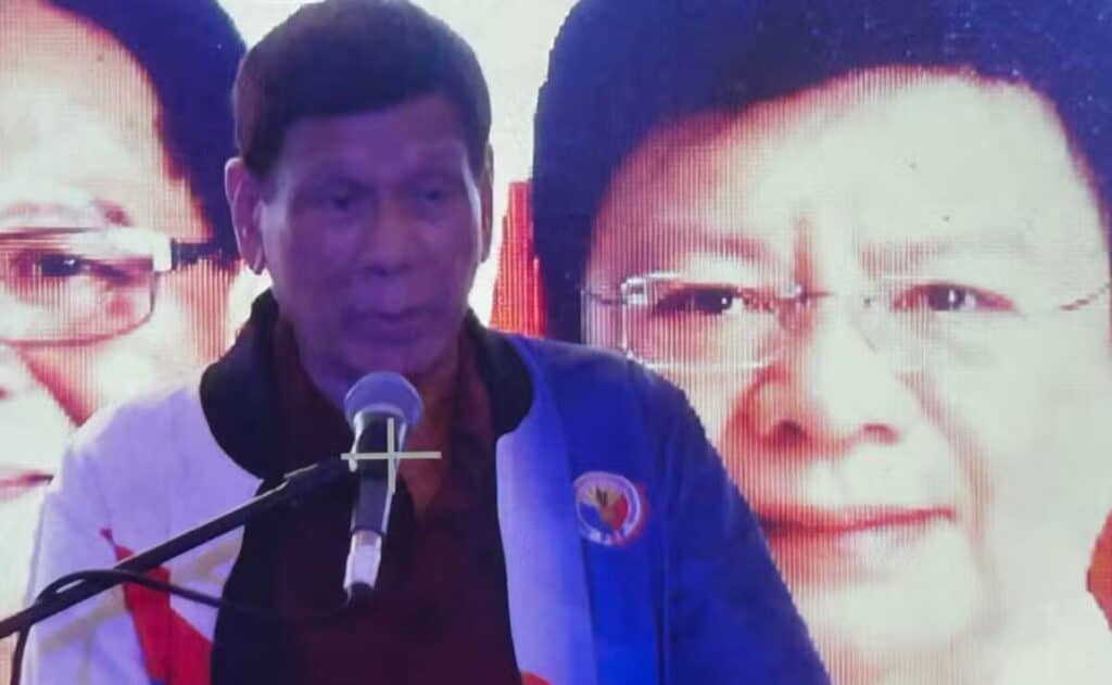 Former President Rodrigo Duterte at the proclamation rally of PDP senatorial bets at Club Filipino in San Juan City on Feb. 13, 2025
