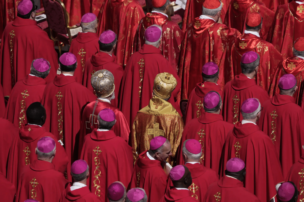 Cardinals stand during the funeral of Pope Francis at St. Peter's Square at the Vatican.