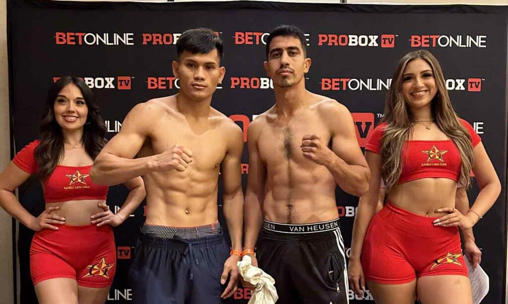 Weljon Mindoro (left) and Omar Munguia (right) during the weigh-in. | Viva Promotions photo